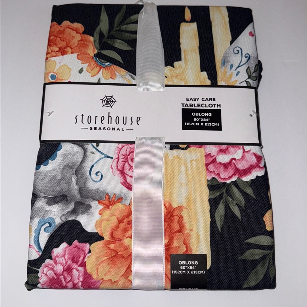 Storehouse Easy Care 60x84" Tablecloth Black Sugar Skull Flowers Candles